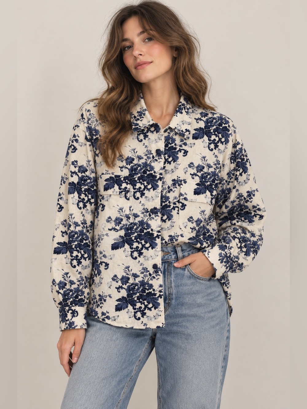 Vintage Blue Floral Jacquard Button Up Shirt Cottagecore country grandma L